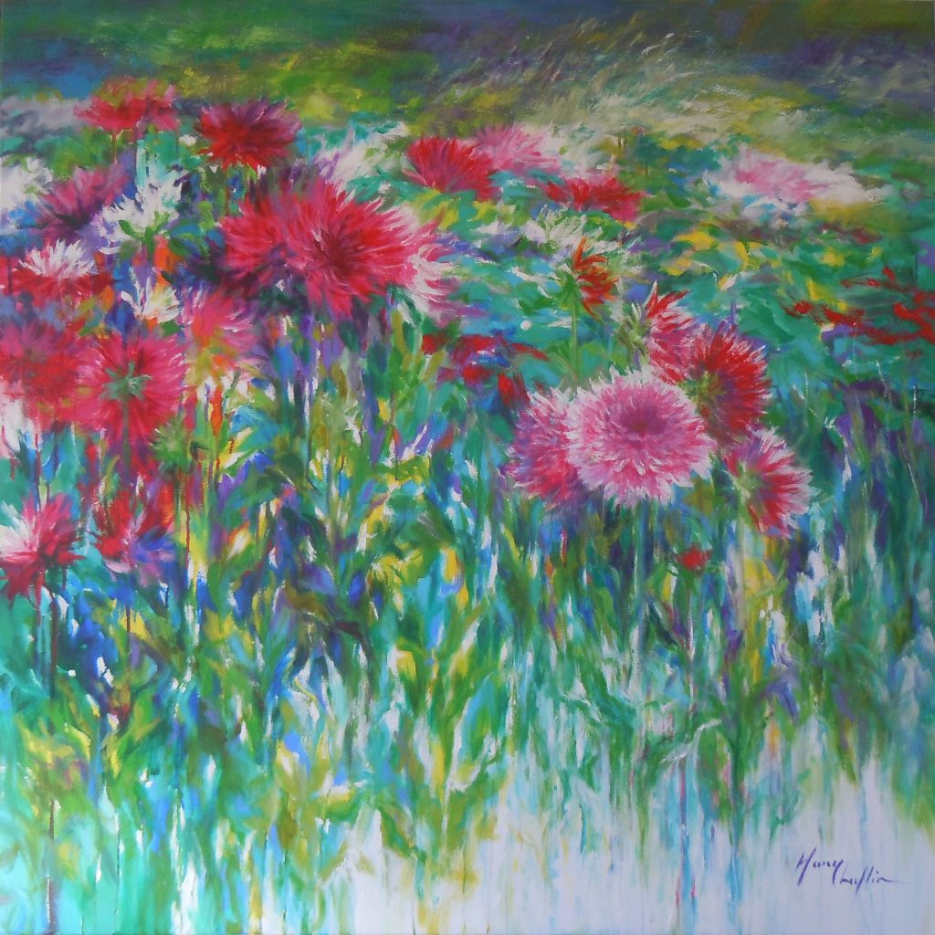 Dalhias, splendeur d'automne,acrylique sur toile,100x100cm