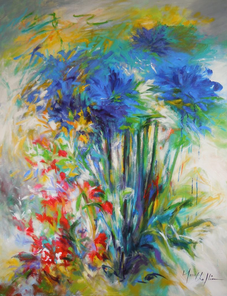 Blue agapanthus and crocosmias, acrylique sur toile 89x116cm