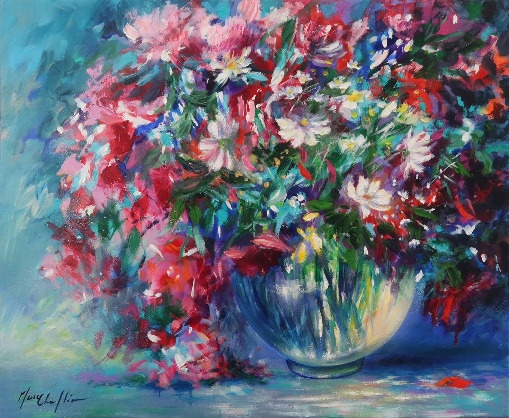 Mary Chaplin bouquet rose au vase boule acrylique sur toile 73x60 cm